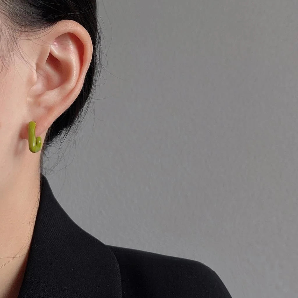 Avocado Green Geometric Triangle Copper Stud Earrings Minimalist Hollow Enamel Line Jewelry