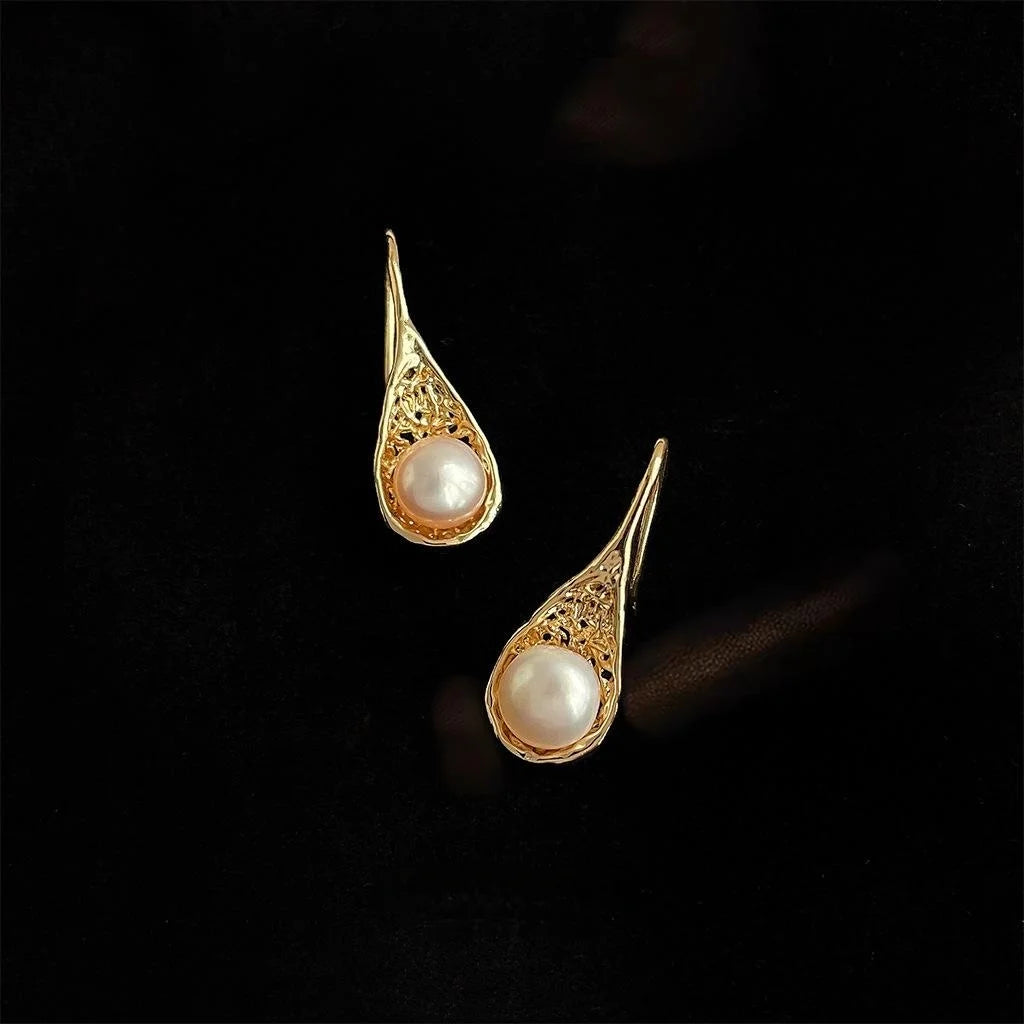 14K Gold Plated Copper Freshwater Pearl Teardrop Drop Earrings Elegant Minimalist Jewelry