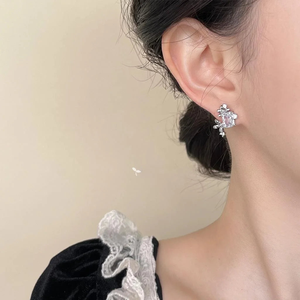 Silver Plated Copper Zircon Flower Cluster Stud Earrings Simple Sweet Designer Jewelry