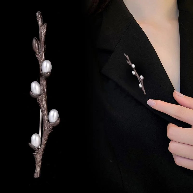 Elegant Plum Blossom Branch Alloy Brooch With Pearl Buds, Women's Lapel Pin Corsage Suit Accessory Gift