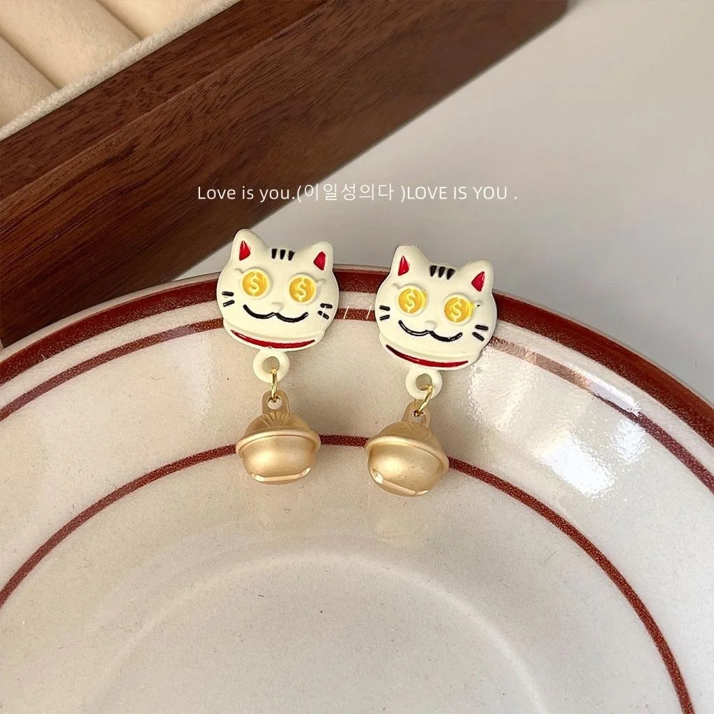 Lucky Cat Copper Stud Earrings With Silver Plated Pins, Enamel New Year Style