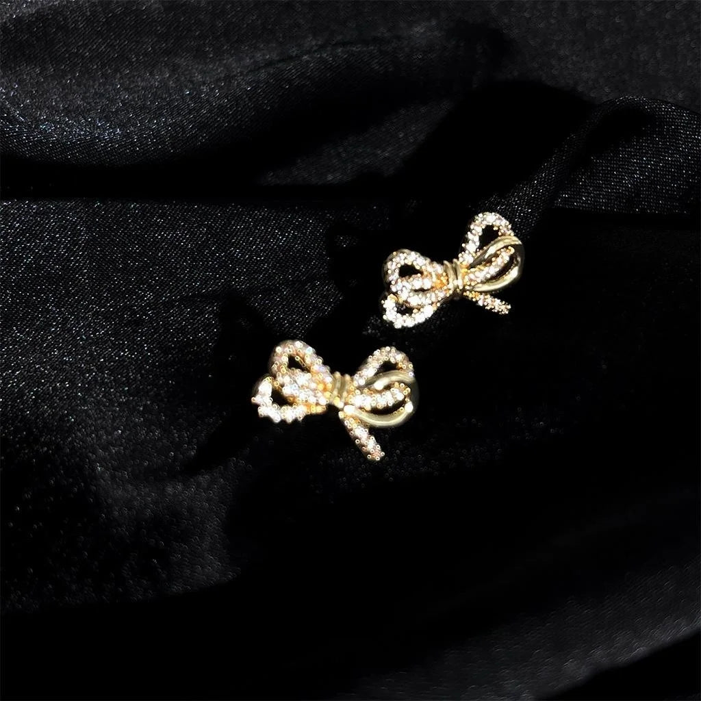 Sweet Mini Bow Zircon Copper Stud Earrings Double Layer Knot Fashion Tiny Jewelry