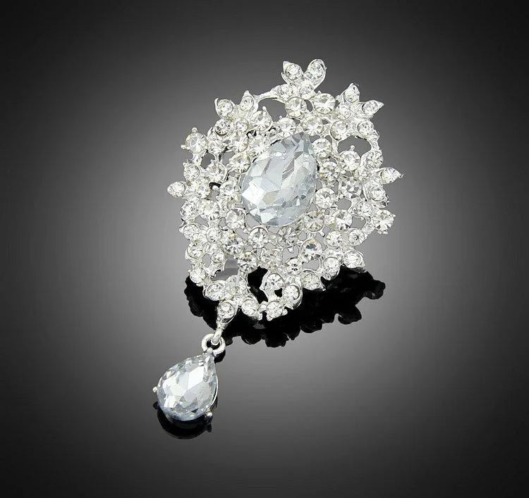 Elegant Teardrop Rhinestone Crystal Flower Brooch Pendant, Luxury Women's Lapel Pin Corsage Gift