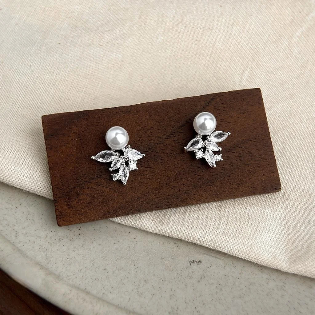 Copper Micro Pave Zircon Pearl Ice Flower Stud Earrings For Women
