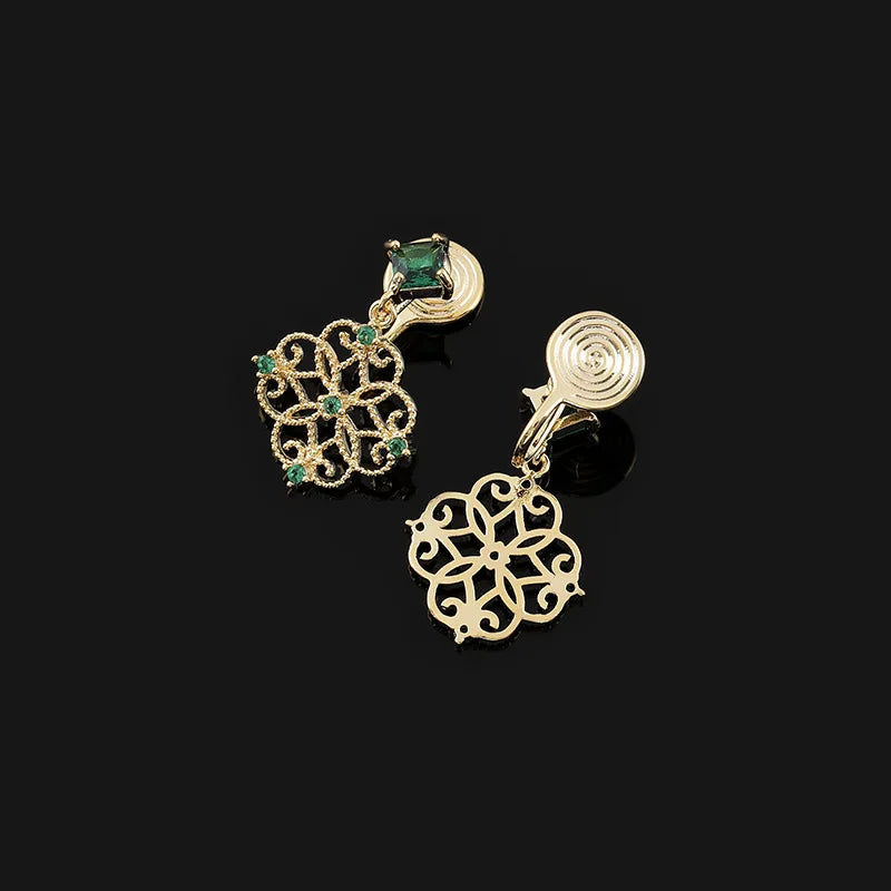Vintage Chinese Style Green Zircon Geometric Filigree Disc Stud & Clip On No Piercing Earrings