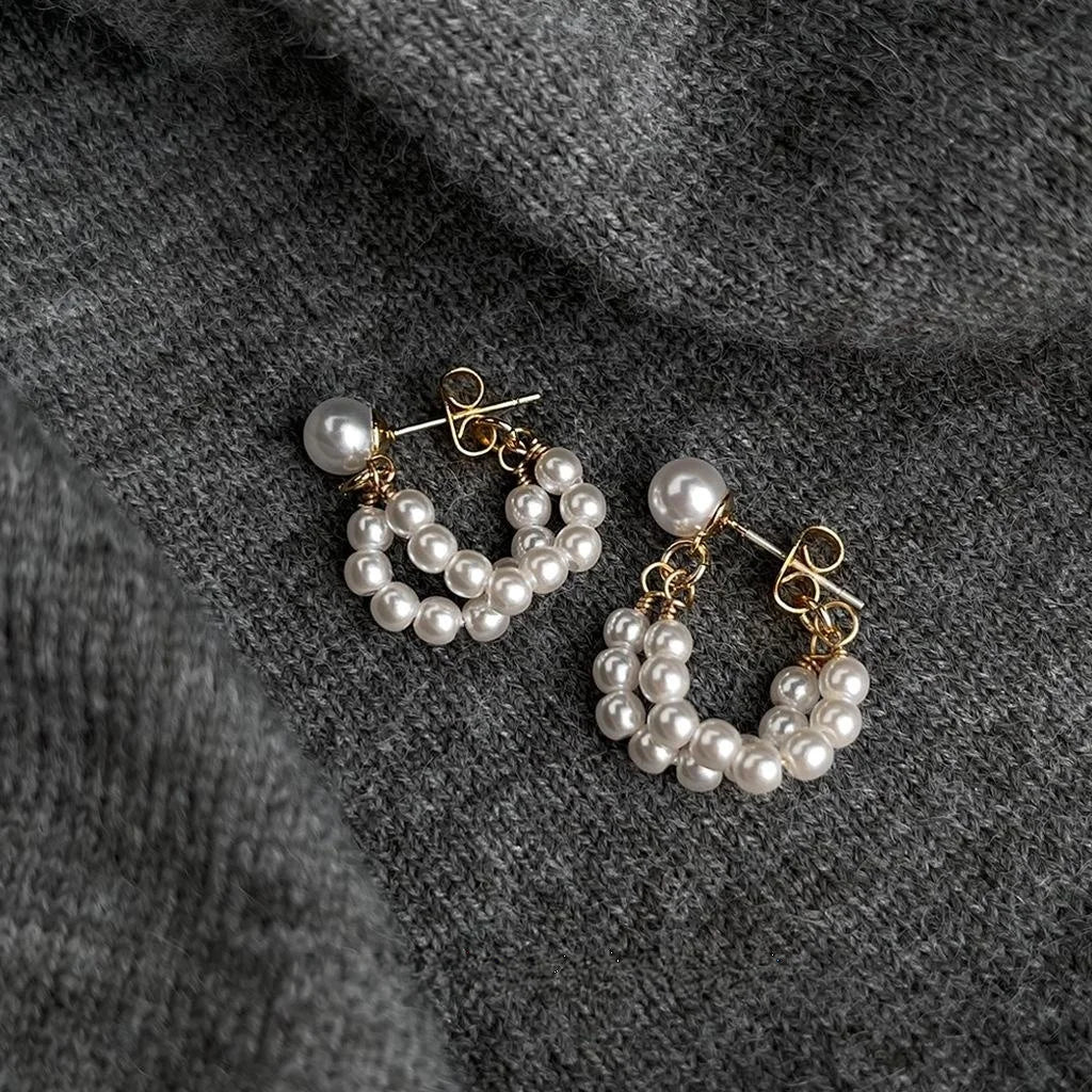 Fresh Sweet Minimalist Faux Pearl Geometric Round Hoop Drop Earrings Handmade Spring Jewelry