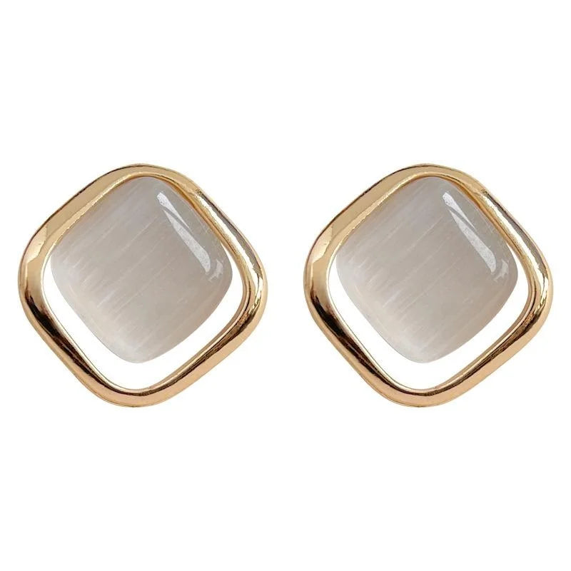 French Luxury Style 14K Plated Copper Glass Cat Eye Stone Square Geometric Stud Earrings