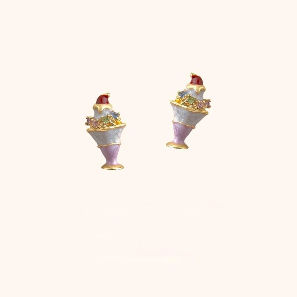 Cute Ice Cream Micro Pave Zircon Copper Stud Earrings Sweet Summer Jewelry For Women