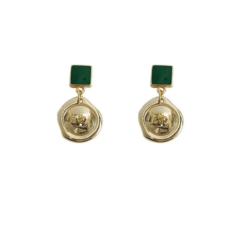 French Style 14K Plated Copper Green Enamel Geometric Drop Earrings