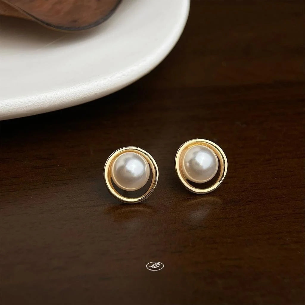 French Round Geometric Pearl Stud Earrings Eco-Friendly Copper Korean Minimalist Jewelry
