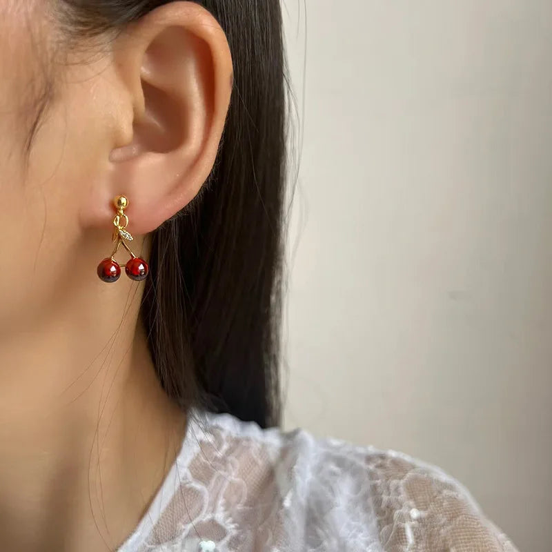 Luxury Red Cherry Fruit Drop Gold Tone Alloy Rhinestone Stud & Clip On No Piercing Dangle Earrings