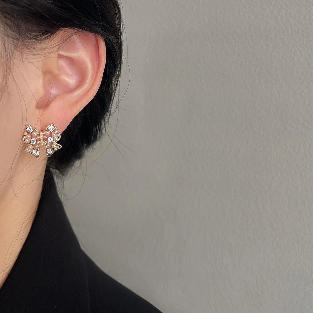14K Gold Plated Copper Bow Stud Earrings Micro Pave Zircon Hollow Light Luxury Jewelry