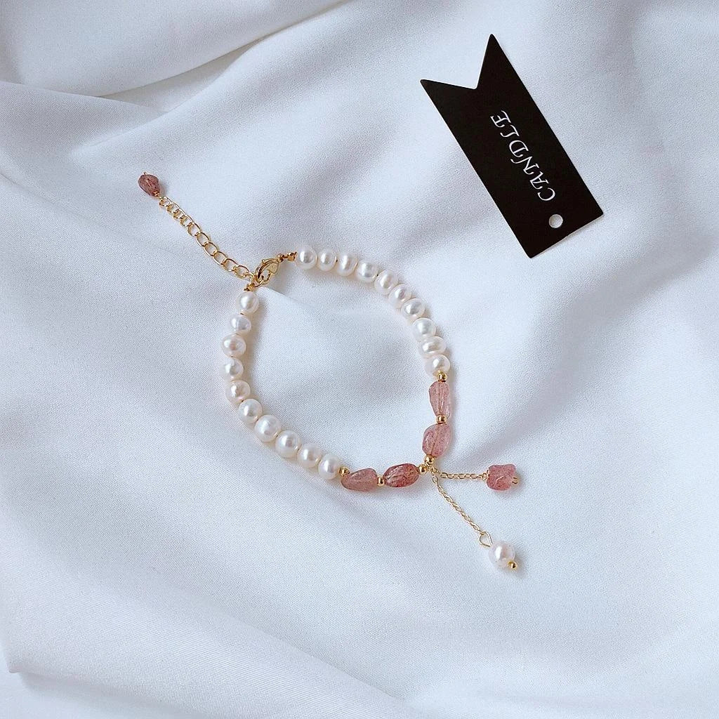 Real Gold Plated Freshwater Pearl Strawberry Quartz Korean Geometric Ring Bracelet