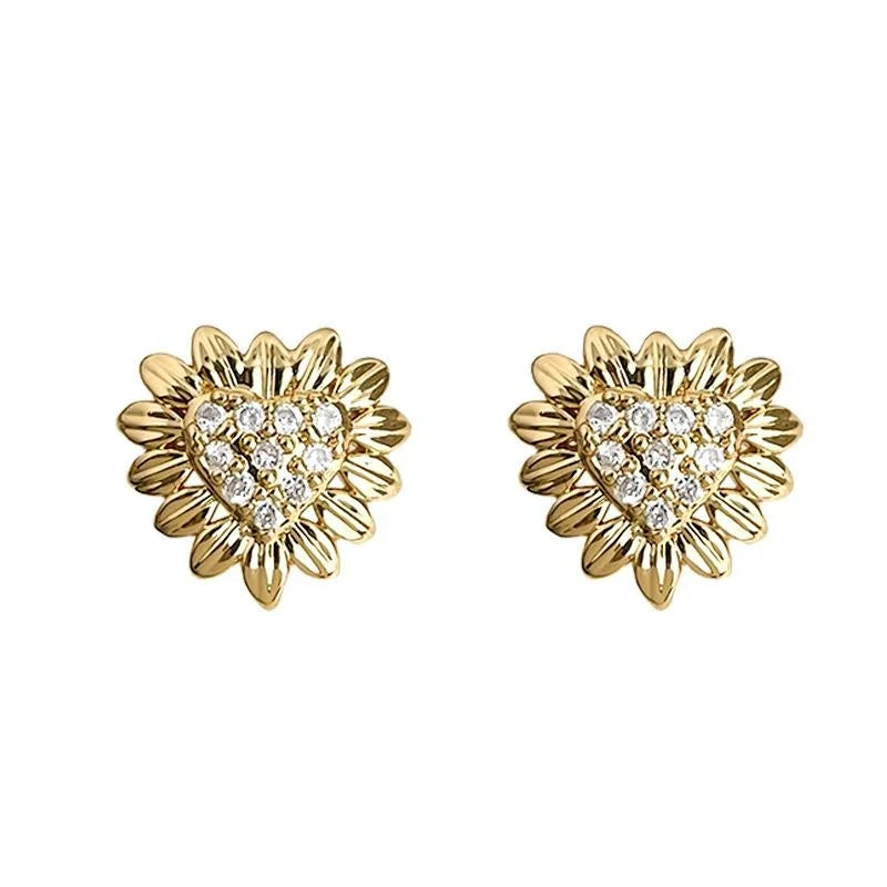18K Gold Plated Copper Zircon Heart Sunflower Stud Earrings Minimalist Mini Jewelry