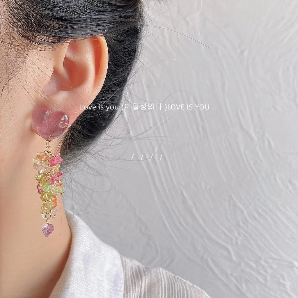 High Quality Heart Tassel Crushed Stone Clip On Drop Earrings For Women Vacation Style