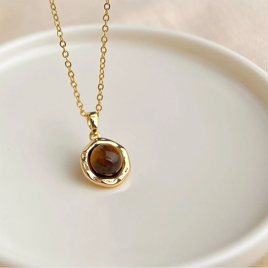 Thick 18K Real Gold Plated Tiger Eye Stone Geometric Necklace Vintage Collarbone Jewelry