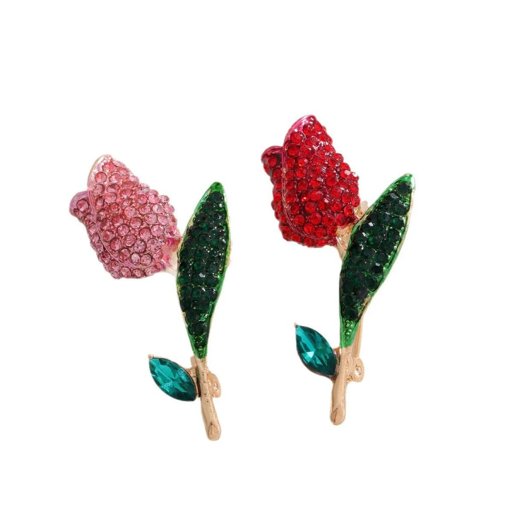Luxury Red Tulip Rhinestone Enamel Brooch For Women, Elegant Flower Lapel Pin Corsage Suit Accessory Gift