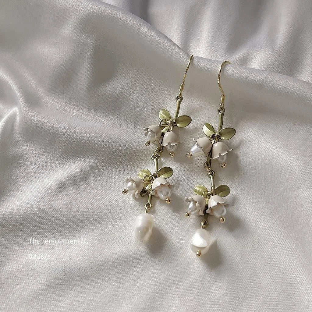Handmade Lily Of The Valley Leaf Drop Earrings With Freshwater Pearls And Silver Plated Pins