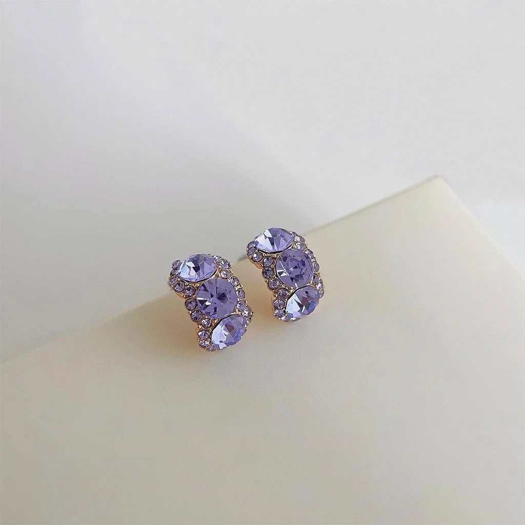 Sparkling Rhinestone Purple Geometric Half Hoop Copper Stud Earrings, Minimalist Trendy Jewelry