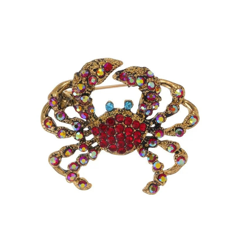 Cute Rhinestone Crab Brooch In Gold Tone Alloy, Sparkling Animal Lapel Pin Corsage Gift For Women