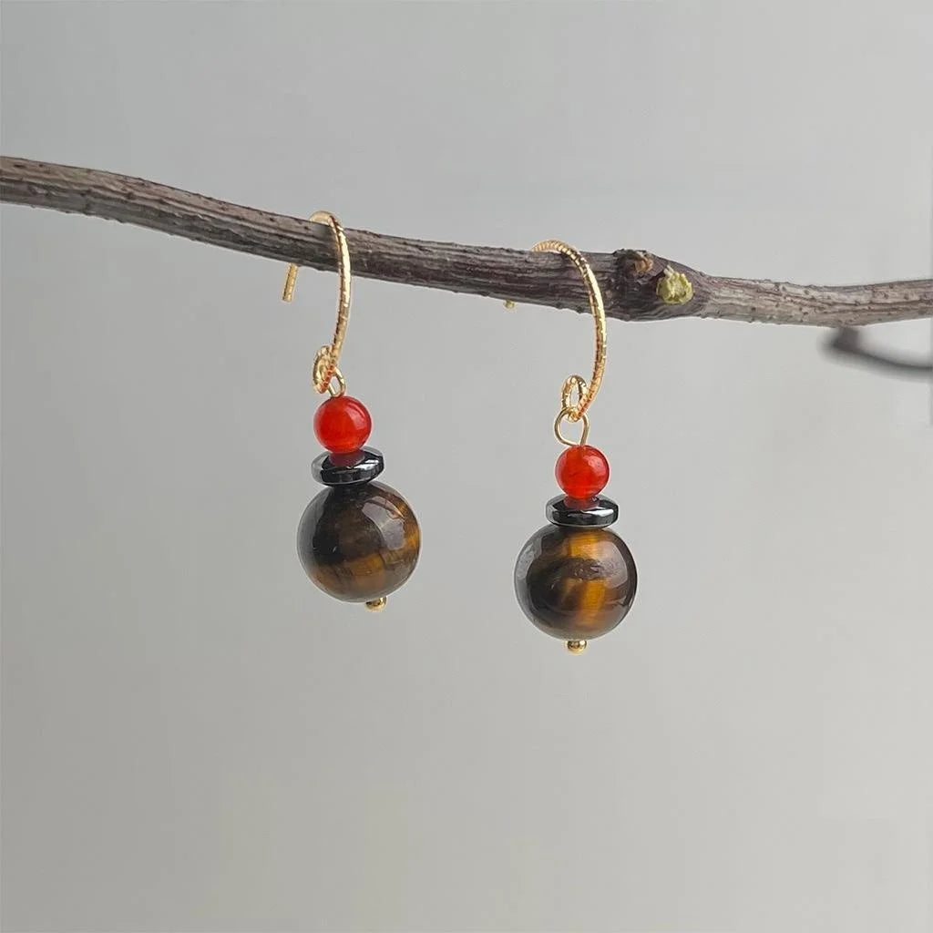 Handmade Tiger Eye Red Agate Black Stone Geometric Drop Earrings Vintage Ethnic Maillard Style