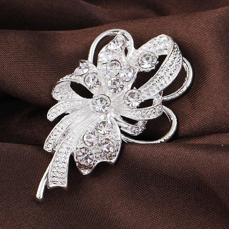 Elegant Silver Alloy Rhinestone Bow Bouquet Brooch, Pearl Wedding Corsage Lapel Pin Suit Accessory Gift