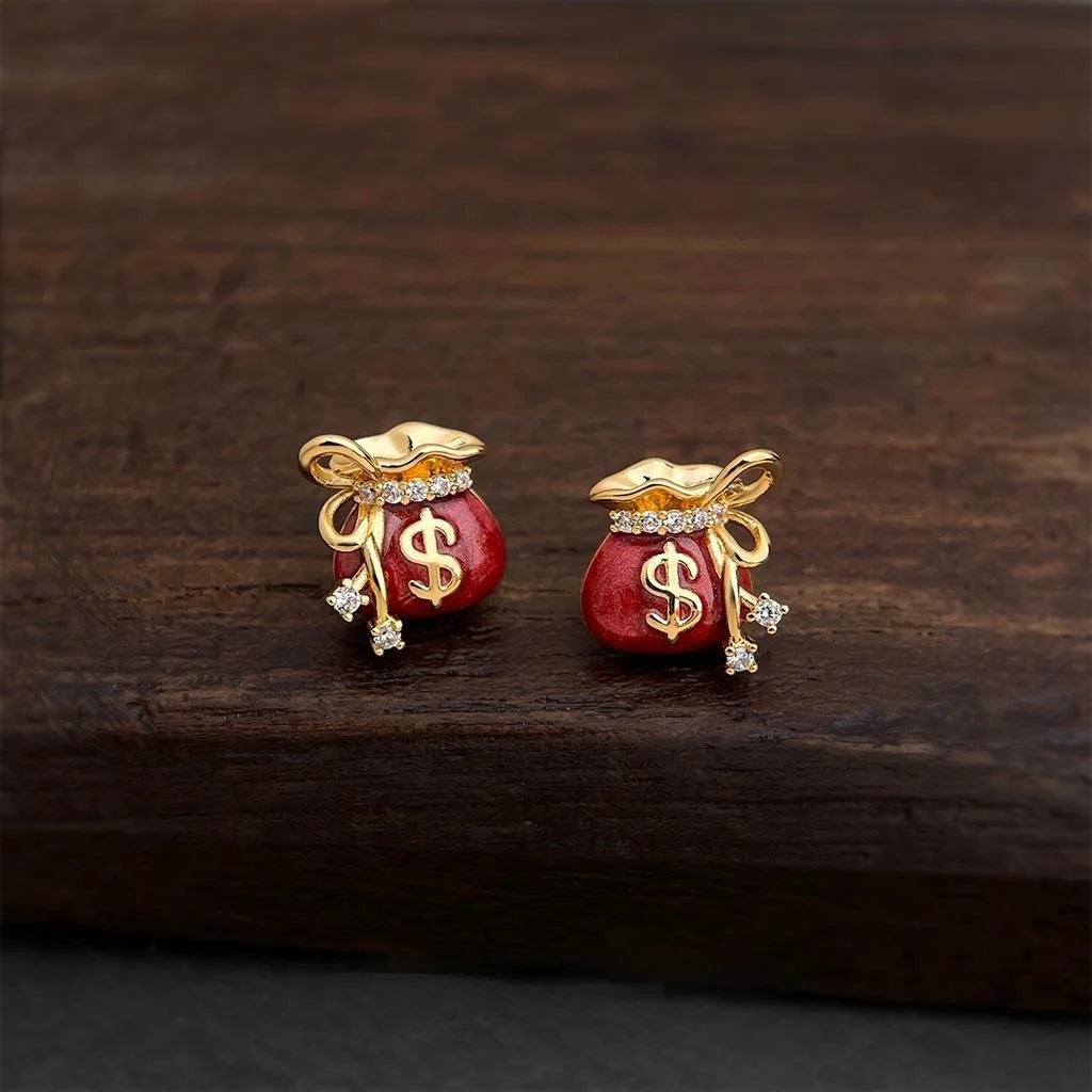 Luxury Burgundy Enamel Zircon Copper Money Bag Stud Earrings