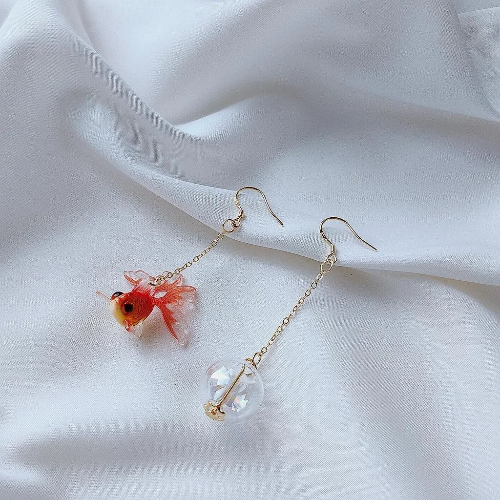 Silver And 14K Gold Plated Resin Goldfish Drop Earrings Asymmetric Japanese Style Jewelry