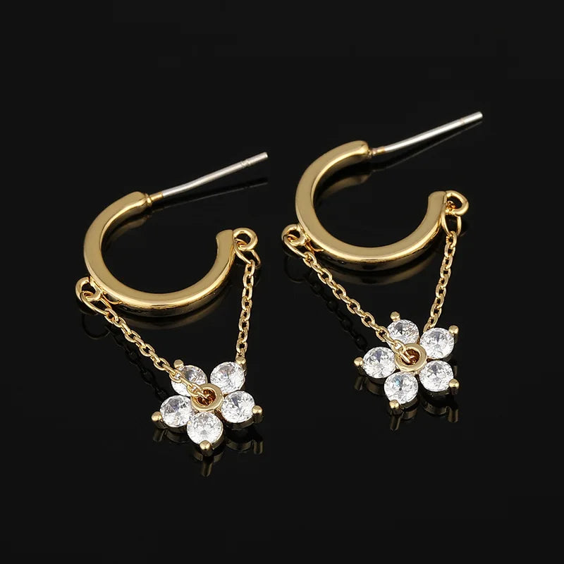 Elegant Zircon Flower Chain Tassel Hoop Ear Cuff Stud & Clip On No Piercing Gold Alloy Earrings