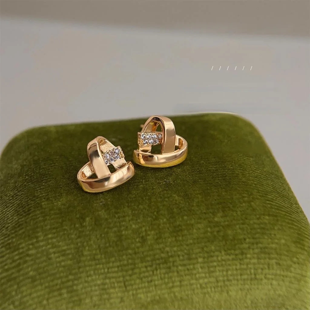 French Vintage Micro Pave Zircon Braided Heart Copper Stud Earrings With Silver Plated Pins