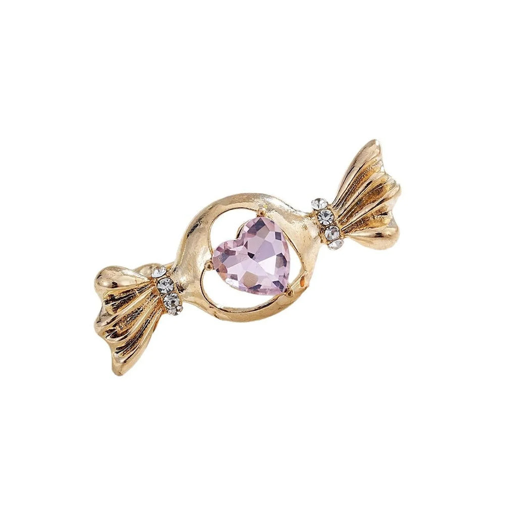 Cute Gold Alloy Candy Brooch With Pink Heart Rhinestone, Elegant Sweet Lapel Pin Corsage Gift