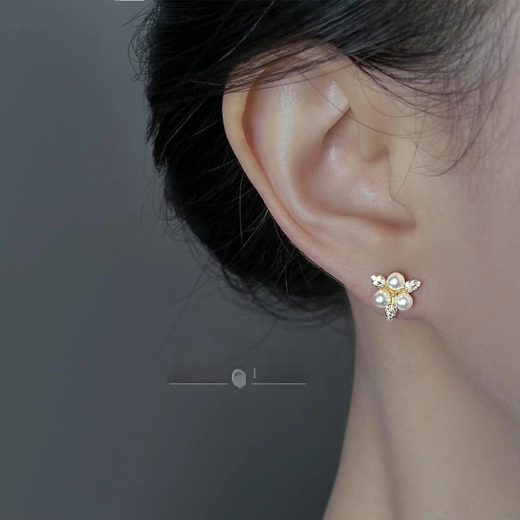 Minimalist Copper Stud Earrings, Micro Pave Zircon Pearl Leaf Triangle Design