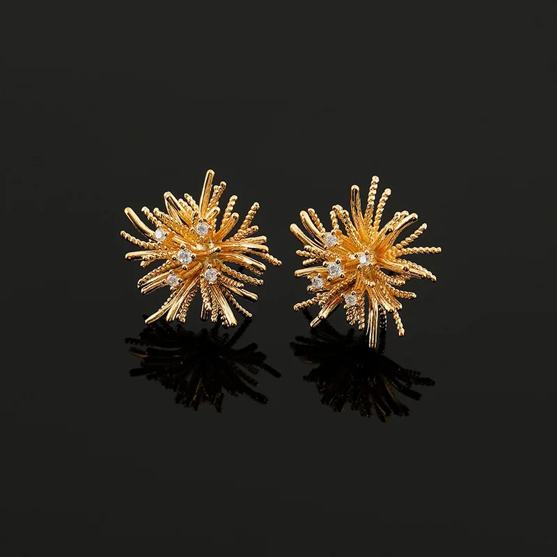 Elegant Gold Alloy Firework Starburst Rhinestone Stud & Clip On No Piercing Statement Earrings