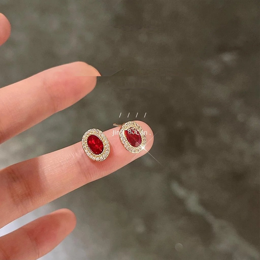 14K Gold Plated Copper Oval Red Zircon Stud Earrings Micro Pave Light Luxury Jewelry