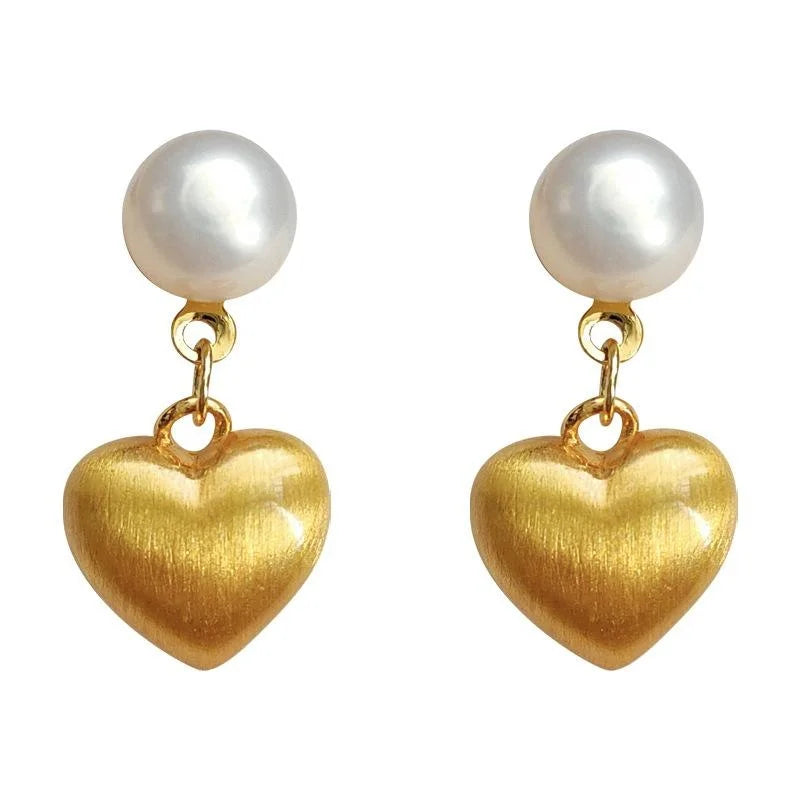 Mini Heart Freshwater Pearl Drop Earrings Brushed Matte Copper Light Luxury Ear Jewelry