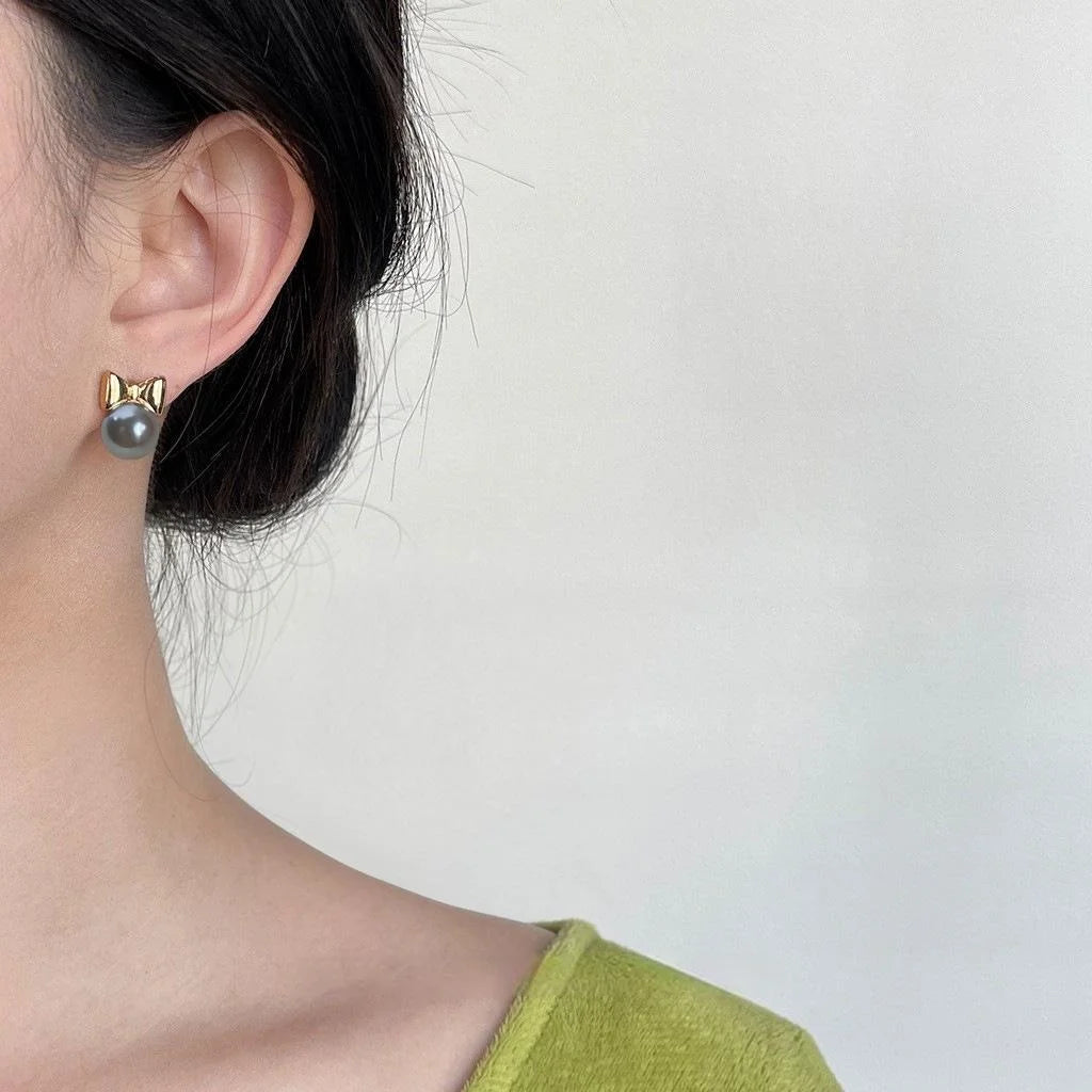Glass Pearl Bow Drop Earrings for Women, Silver Plated Pin, Elegant Sweet Minimalist Jewelry