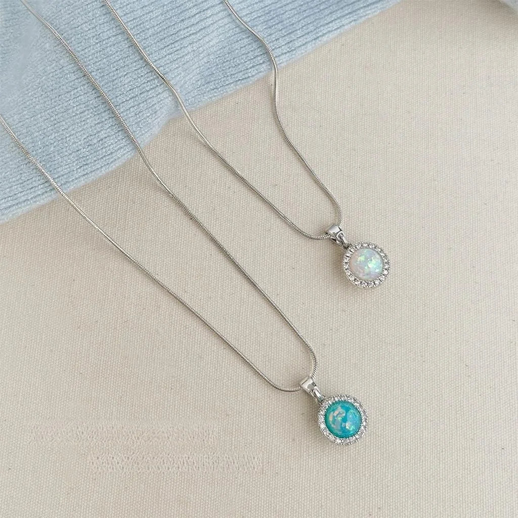 Platinum Plated Copper Synthetic Opal Necklace With Micro Pave Zircon Round Geometric Pendant