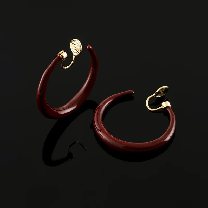 Vintage Red Enamel Spiral Hoop Stud & Clip On No Piercing Alloy Fall Winter Statement Earrings