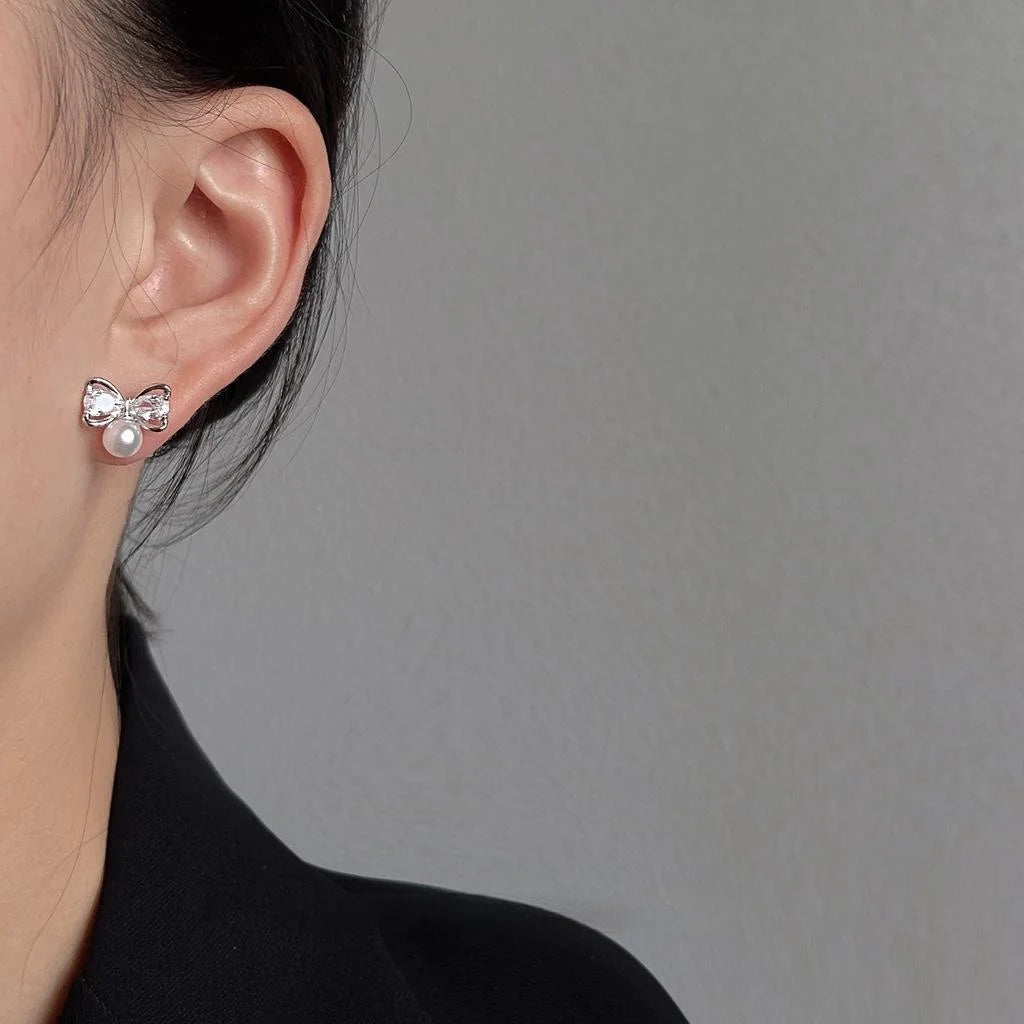 Silver Plated Copper Micro Pave Zircon Bow Stud Earrings Sweet Cute Fashion Jewelry
