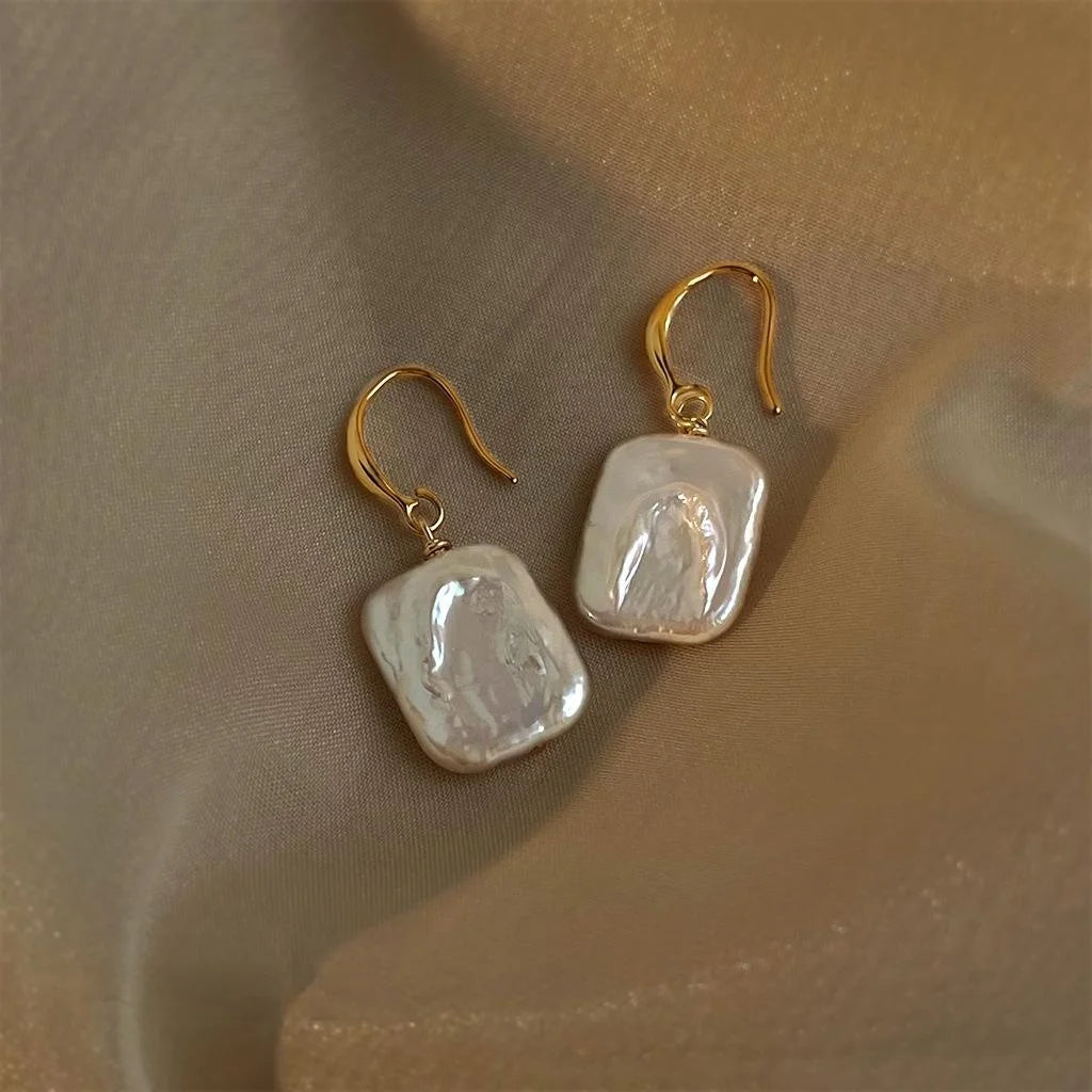 Irregular Baroque Freshwater Pearl Geometric Square Drop Earrings Light Luxury Old Money Style