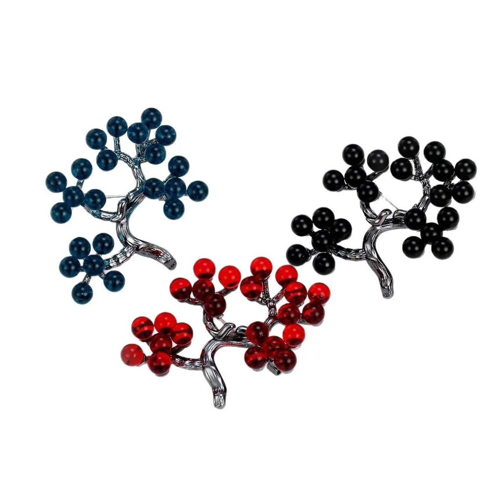 Elegant Blue Glass Holly Berry Tree Brooch With Silver Alloy Branch, Women's Lapel Pin Corsage Gift