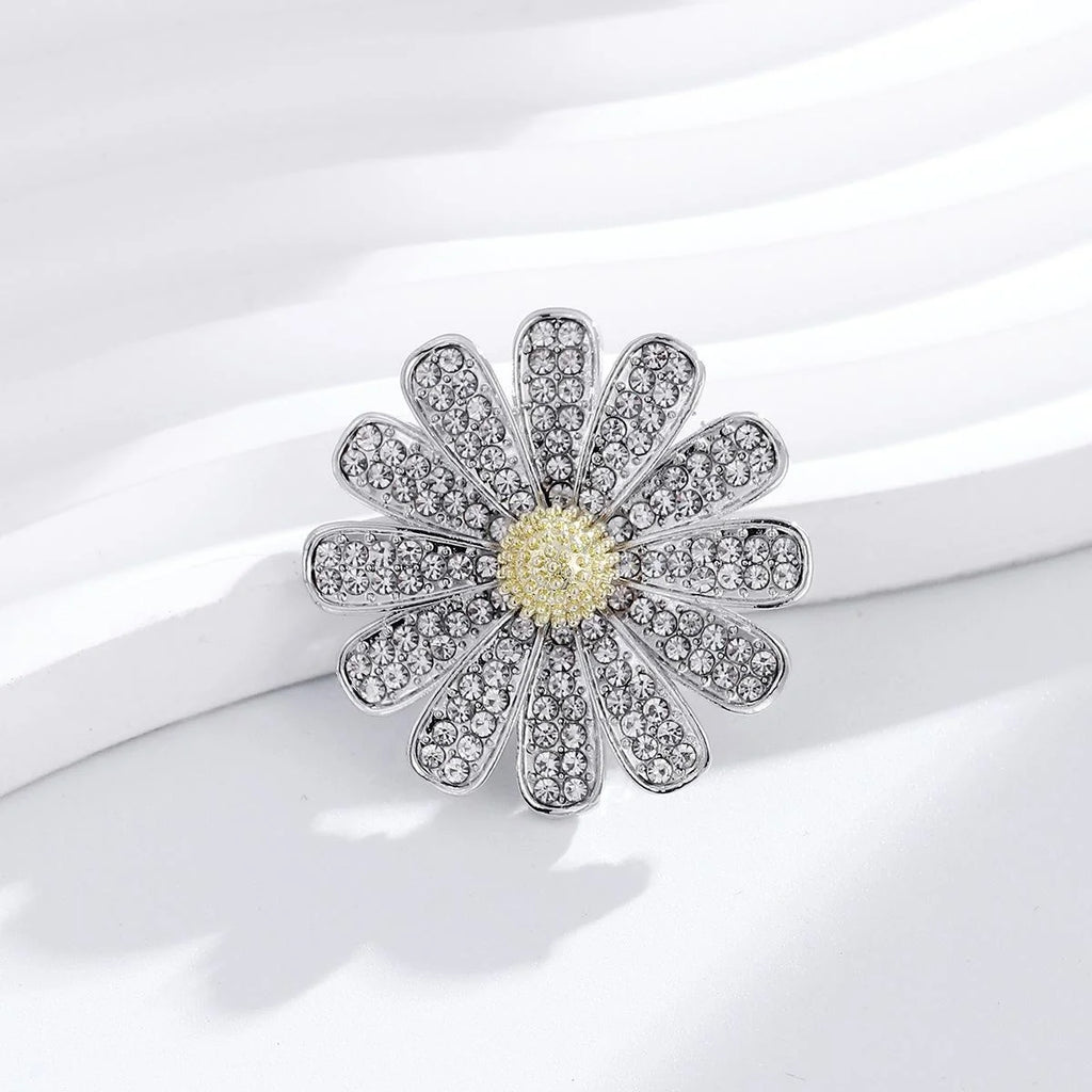Elegant Full Rhinestone Daisy Flower Brooch Alloy Lapel Pin Corsage For Suits Shirts And Fashion Gifts