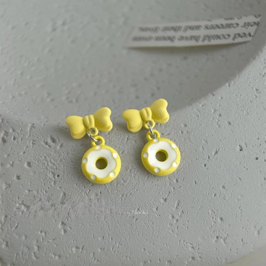 Cute Fresh Bow Donut Drop Earrings Copper Alloy Enamel Silver Plated Needle Jewelry