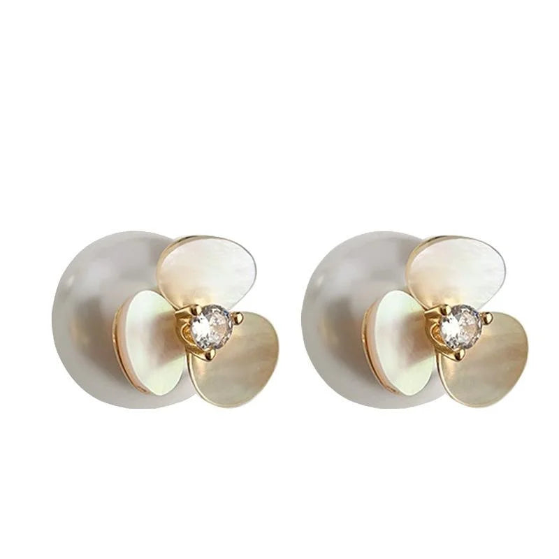 Elegant Real Shell Flower Zircon Inlaid Pearl Flower Drop Earrings For Women