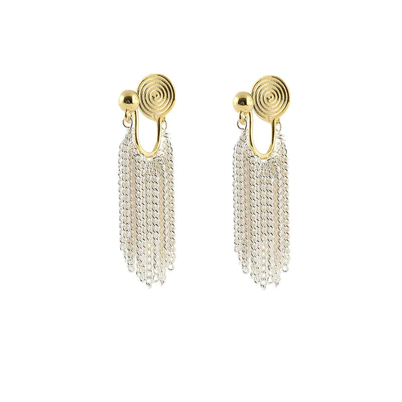 Elegant Alloy U Hoop Waterfall Silver Chain Tassel Fashion Stud & Clip On No Piercing Earrings