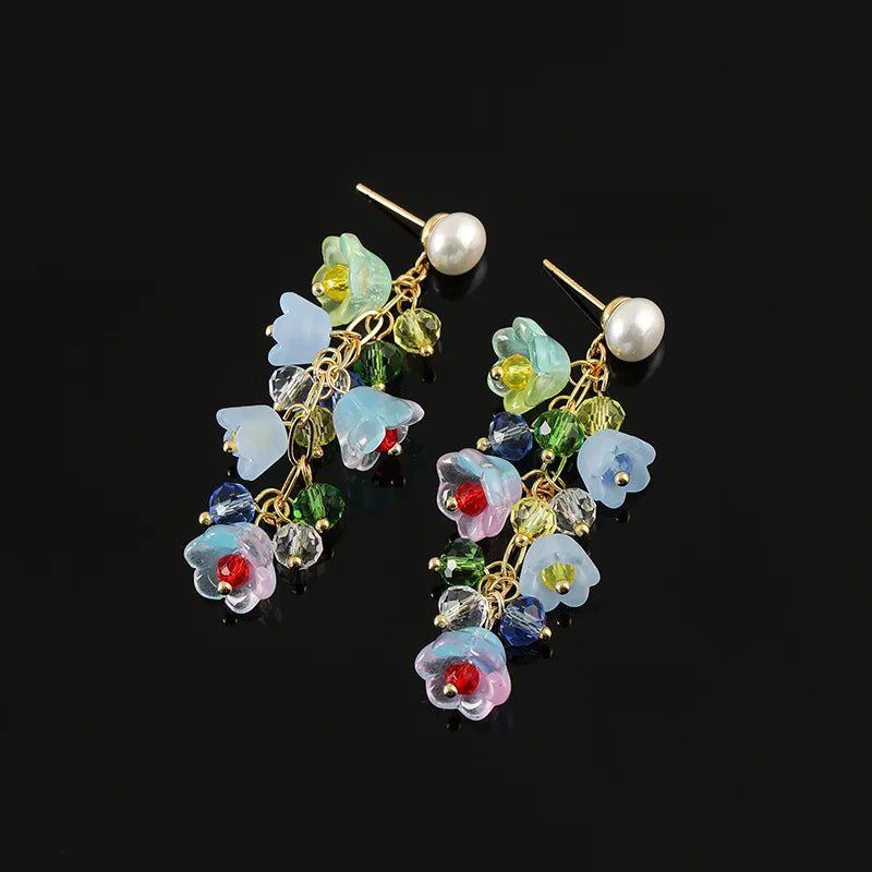 Elegant Lily Of The Valley Flower Pearl Crystal Alloy Tassel Stud & Clip On No Piercing Earrings