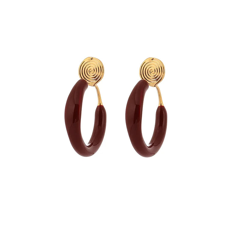 Vintage Burgundy Enamel Thick C Hoop Stud & Clip On No Piercing Glossy Alloy Open Circle Earrings