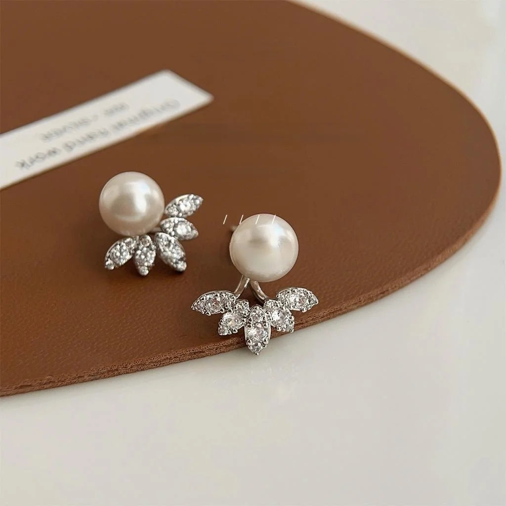 Micro Pave Zircon Leaf Flower Copper Glass Pearl Drop Earrings Two Way Luxury Style