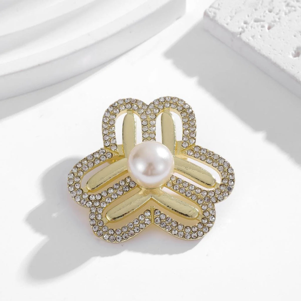 Elegant Rhinestone Pearl Flower Emblem Brooch, Gold Tone Alloy Lapel Pin Corsage Suit Accessory Gift