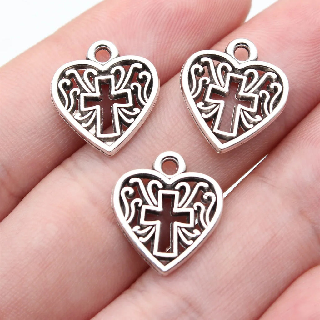 16x15mm 1.2g Antique Silver Zinc Alloy Cross Heart Charm Pendant for DIY Bracelet Necklace Jewelry